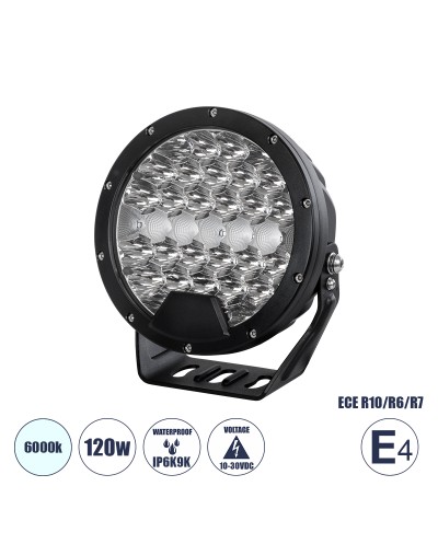 GloboStar® 85338 E4 Mark Vehicle & JEEP Work Lights - Φώτα Εργασίας για Οχήματα και JEEP LED High Power 120W DC 10-30V Αδιάβροχo IP6K9K Ψυχρό Λευκό 6000K M18 x Π7 x Υ19cm