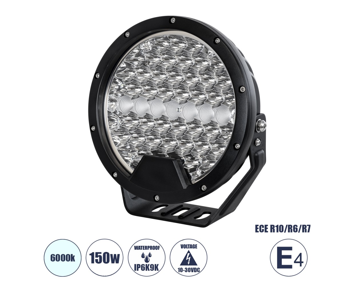 GloboStar® 85337 E4 Mark Vehicle & JEEP Work Lights - Φώτα Εργασίας για Οχήματα και JEEP LED High Power 150W DC 10-30V Αδιάβροχo IP6K9K Ψυχρό Λευκό 6000K M22 x Π7 x Υ23.5cm