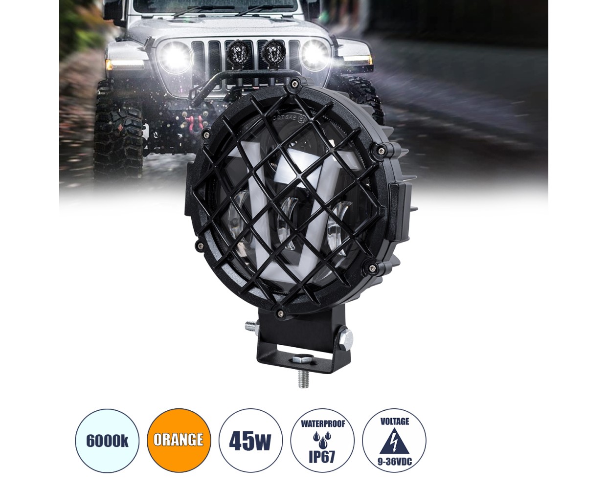 GloboStar® 85439 Vehicle & JEEP Work Lights - Φώτα Εργασίας για Οχήματα και JEEP με V Light DRL & Φλας LED High Power 45W DC 9-36V Αδιάβροχo IP67 Πορτοκαλί & Ψυχρό Λευκό 6000K M17 x Π8 x Υ21cm